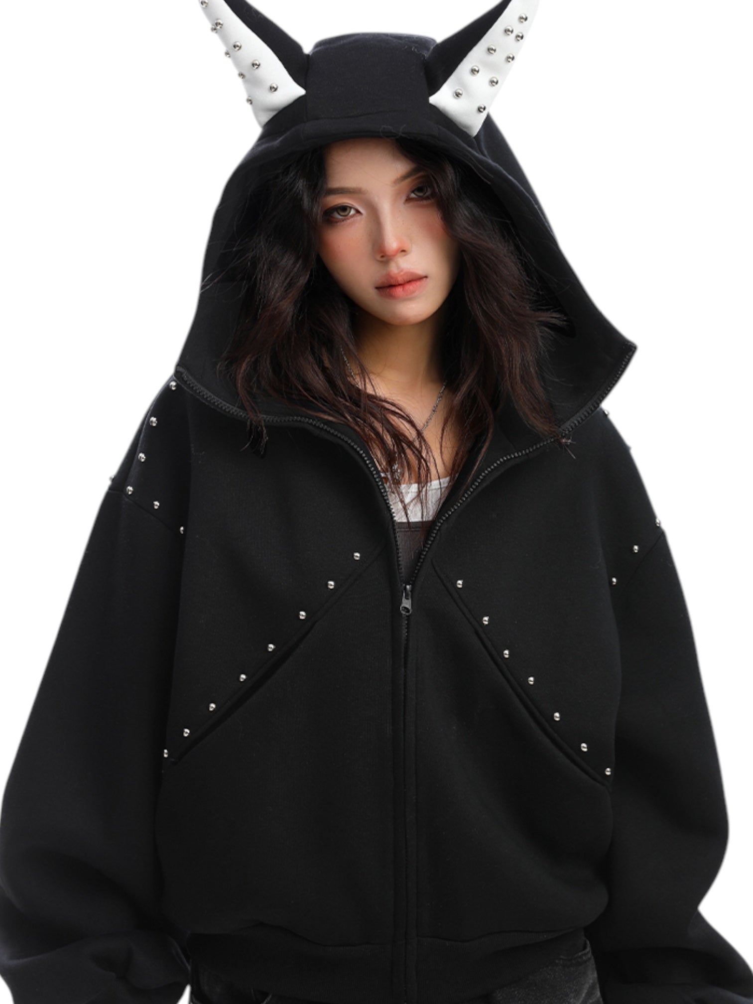 Studded Devil Horn Hoodie - Premium Cotton Zip-Up
