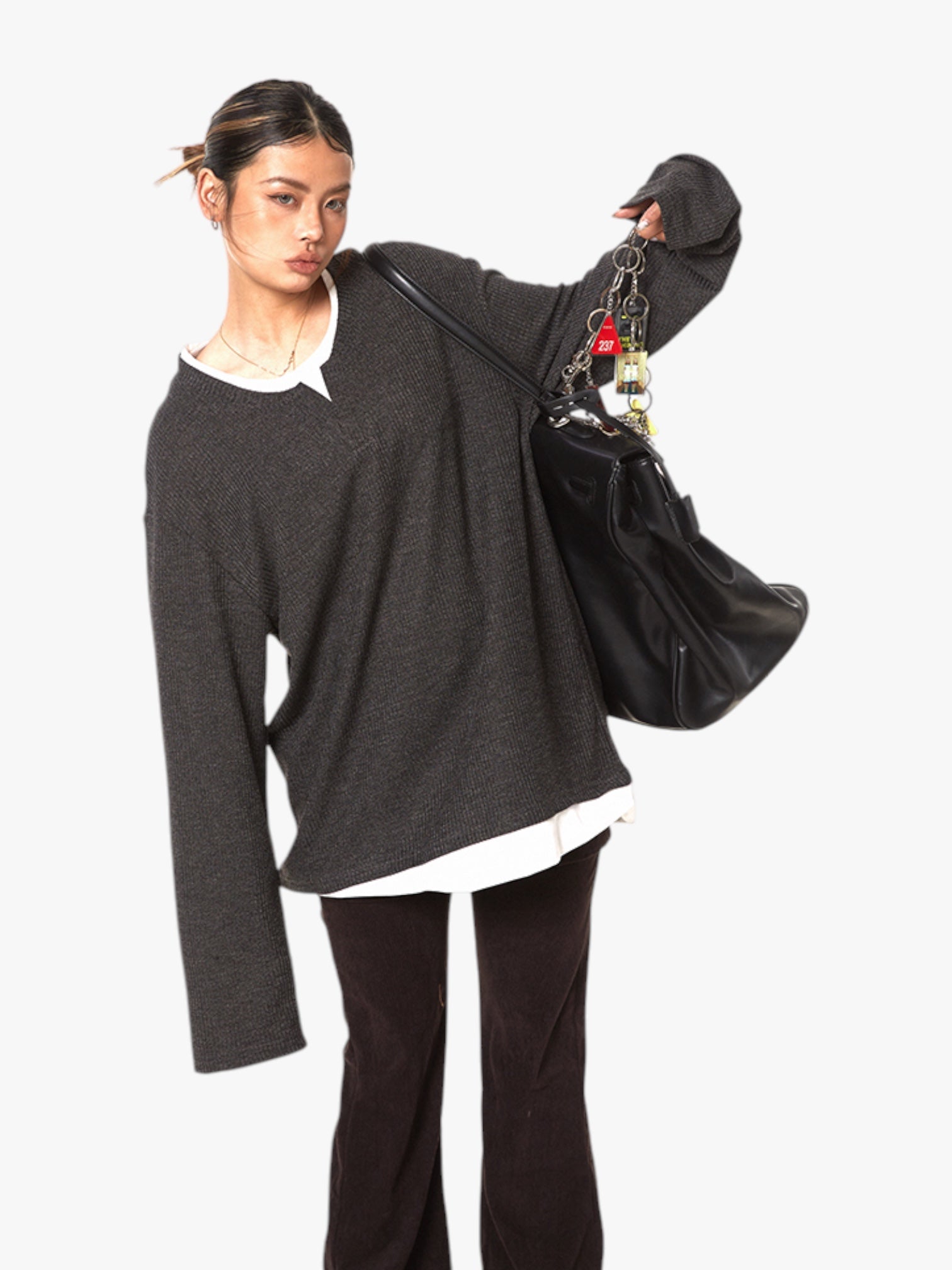 GKIKZ TEXTURE FAKE TWO-PIECE OVERSIZED KNIT TEES