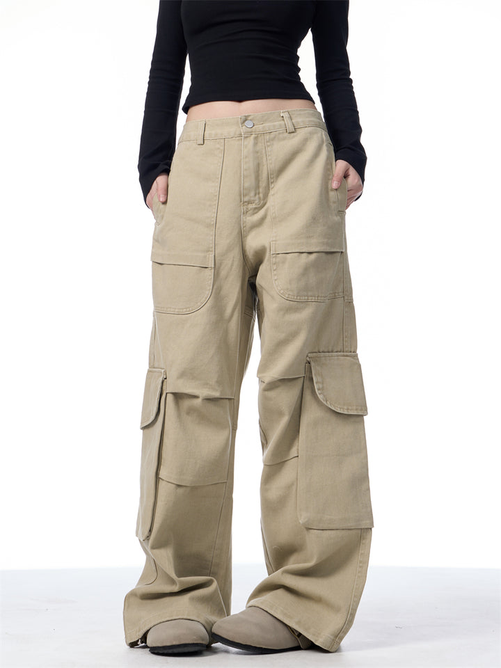 GKIKZ SYMMETRIC PLEATED WORKWEAR MULTI-POCKET BAGGY PANTS