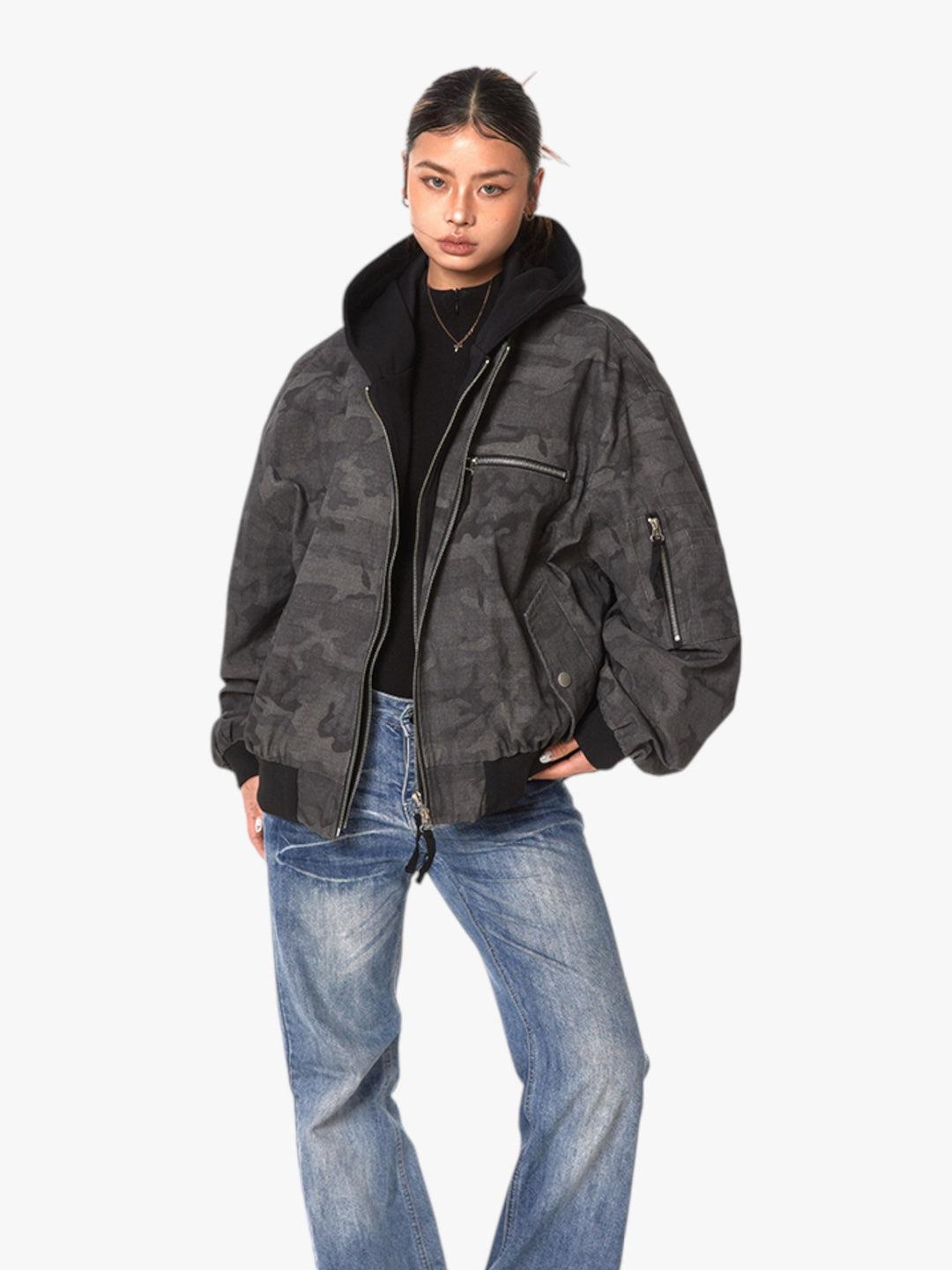 GKIKZ FAKE INNER-HOODIE CAMOUFLAGE LOOSE JACKET