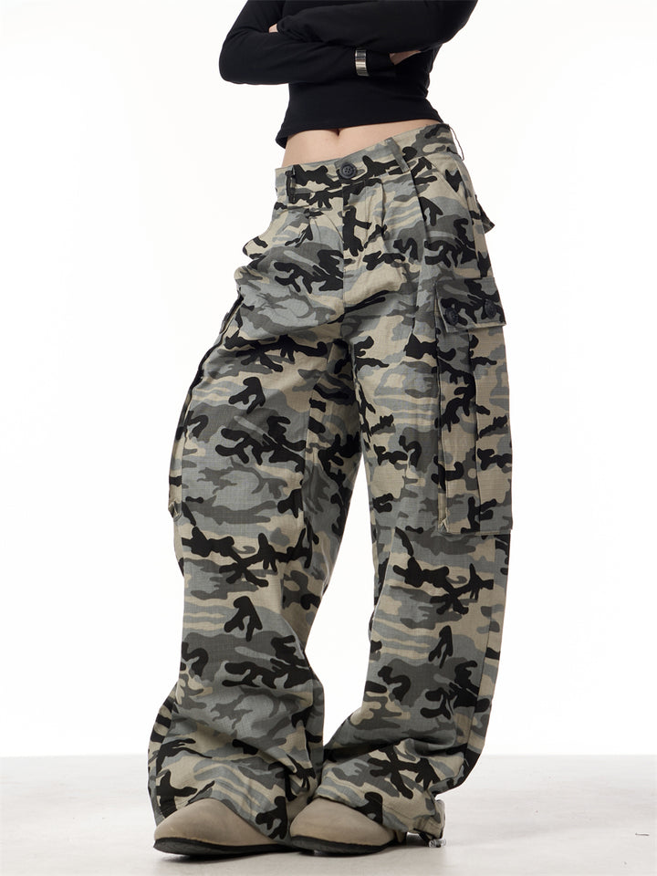 GKIKZ CAMOUFLAGE BIG POCKET LOOSE WIDE-LEG PANTS