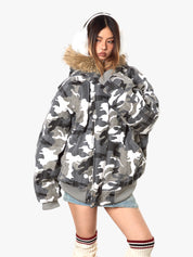 GKIKZ LUXURIOUS WHITE CAMOUFLAGE PRINT FAUX FUR HOODED JACKET