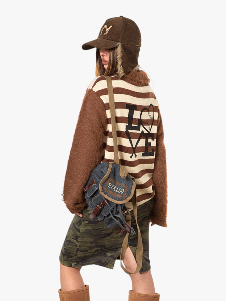 GKIKZ RETRO CONTRAST RAGLAN STRIPED POLO COLLAR SWEATER