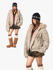 GKIKZ LUXURIOUS LEOPARD PRINT FAUX FUR HOODED JACKET