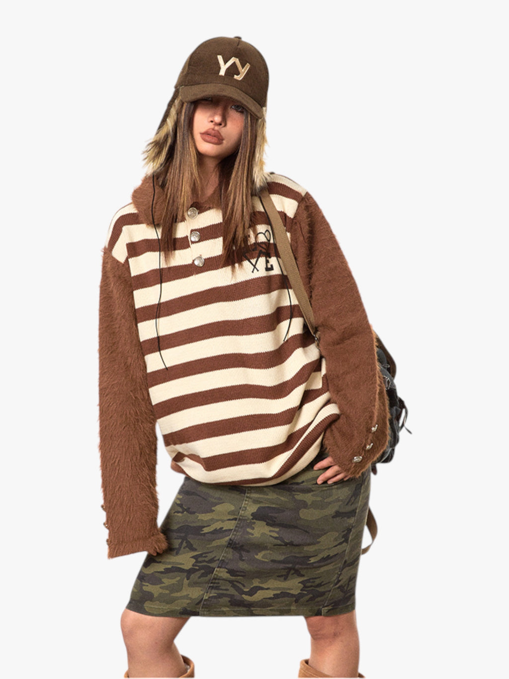Retro Contrast Raglan Striped Polo Collar Sweater