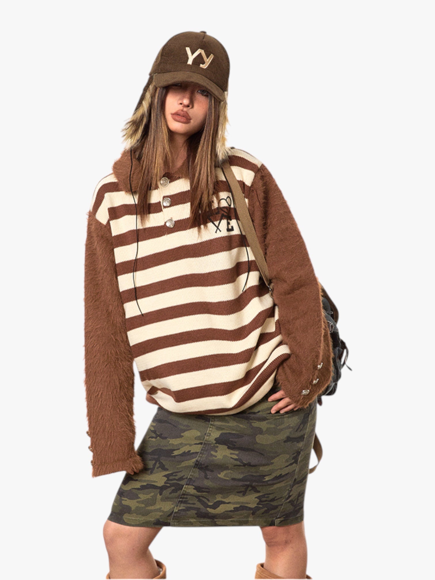 Retro Contrast Raglan Striped Polo Collar Sweater