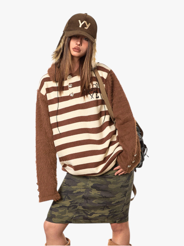 GKIKZ RETRO CONTRAST RAGLAN STRIPED POLO COLLAR SWEATER