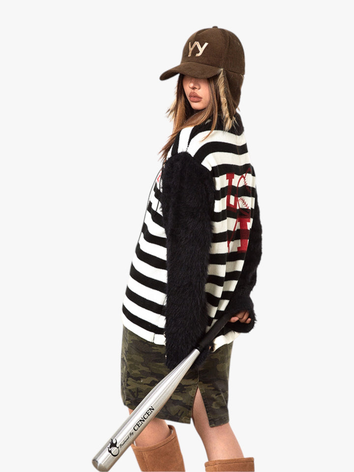 GKIKZ RETRO CONTRAST RAGLAN STRIPED POLO COLLAR SWEATER