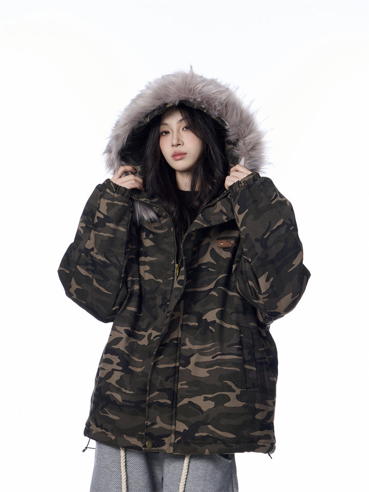 GKIKZ MOUNTAIN CARVING FUR COLLAR JACKET