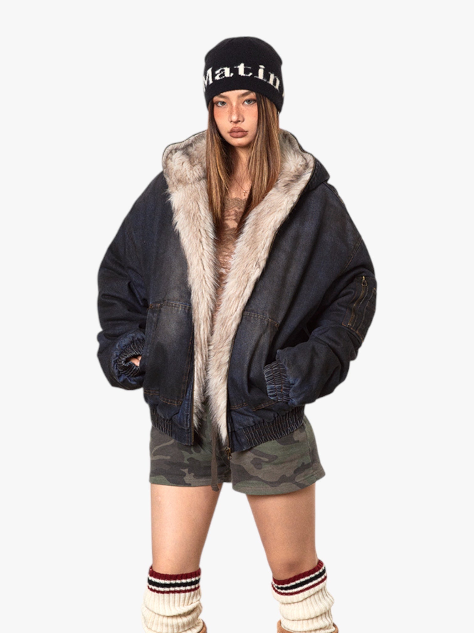 Dirty Denim Hooded Fur Collar Jacket