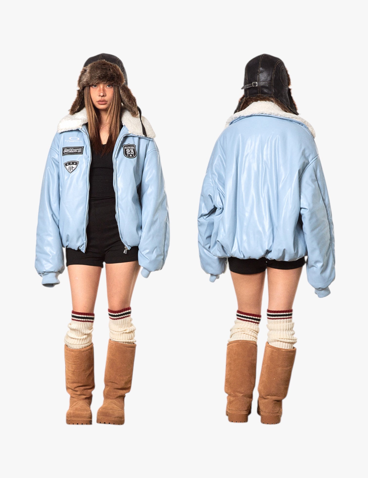 GKIKZ RETRO BASEBALL FUR COLLAR LEATHER JACKET