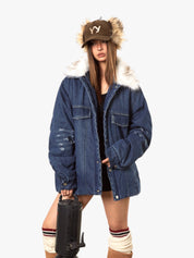 GKIKZ DETACHABLE FUR HEAVY DENIM JACKET