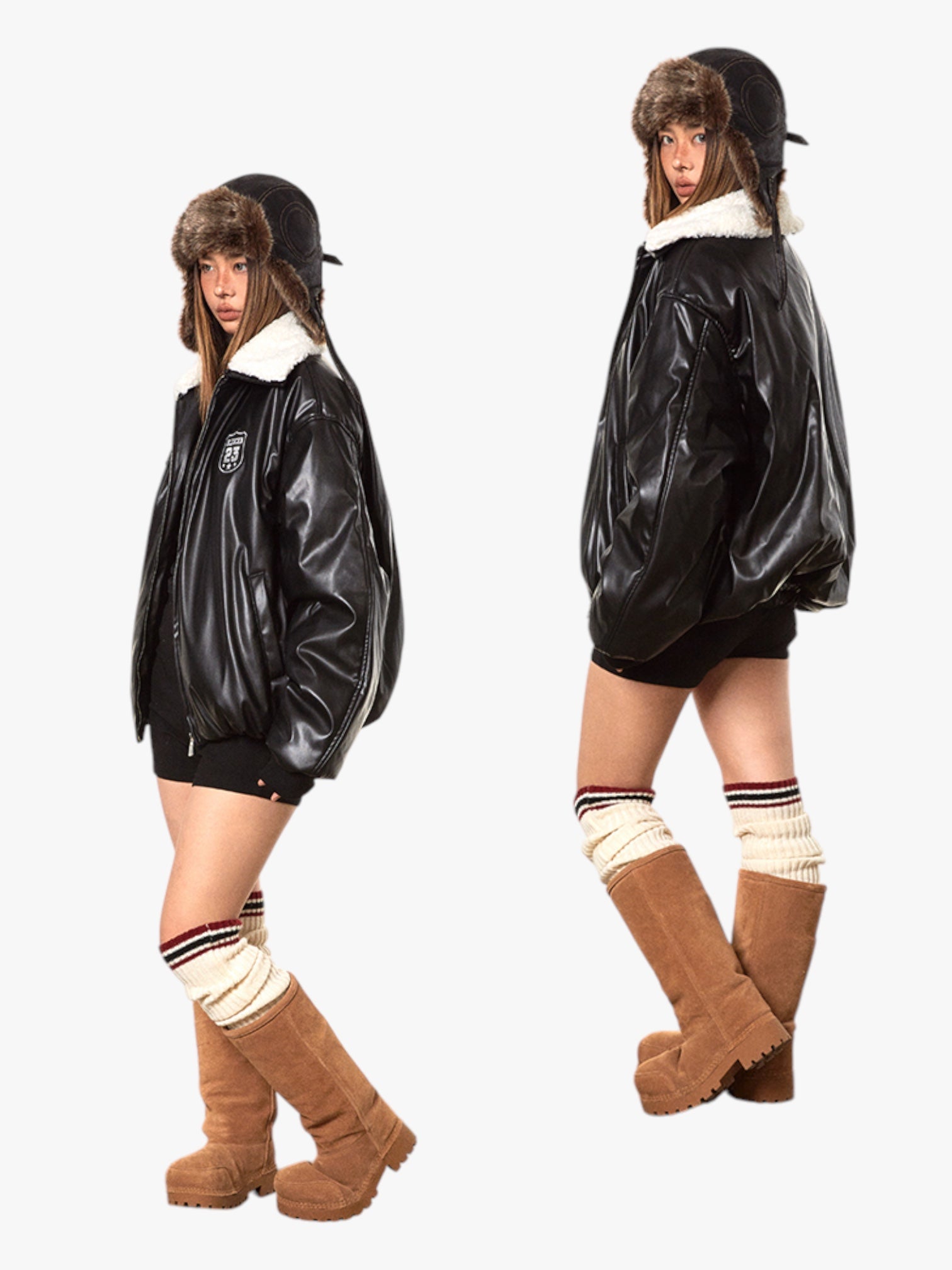 GKIKZ RETRO BASEBALL FUR COLLAR LEATHER JACKET