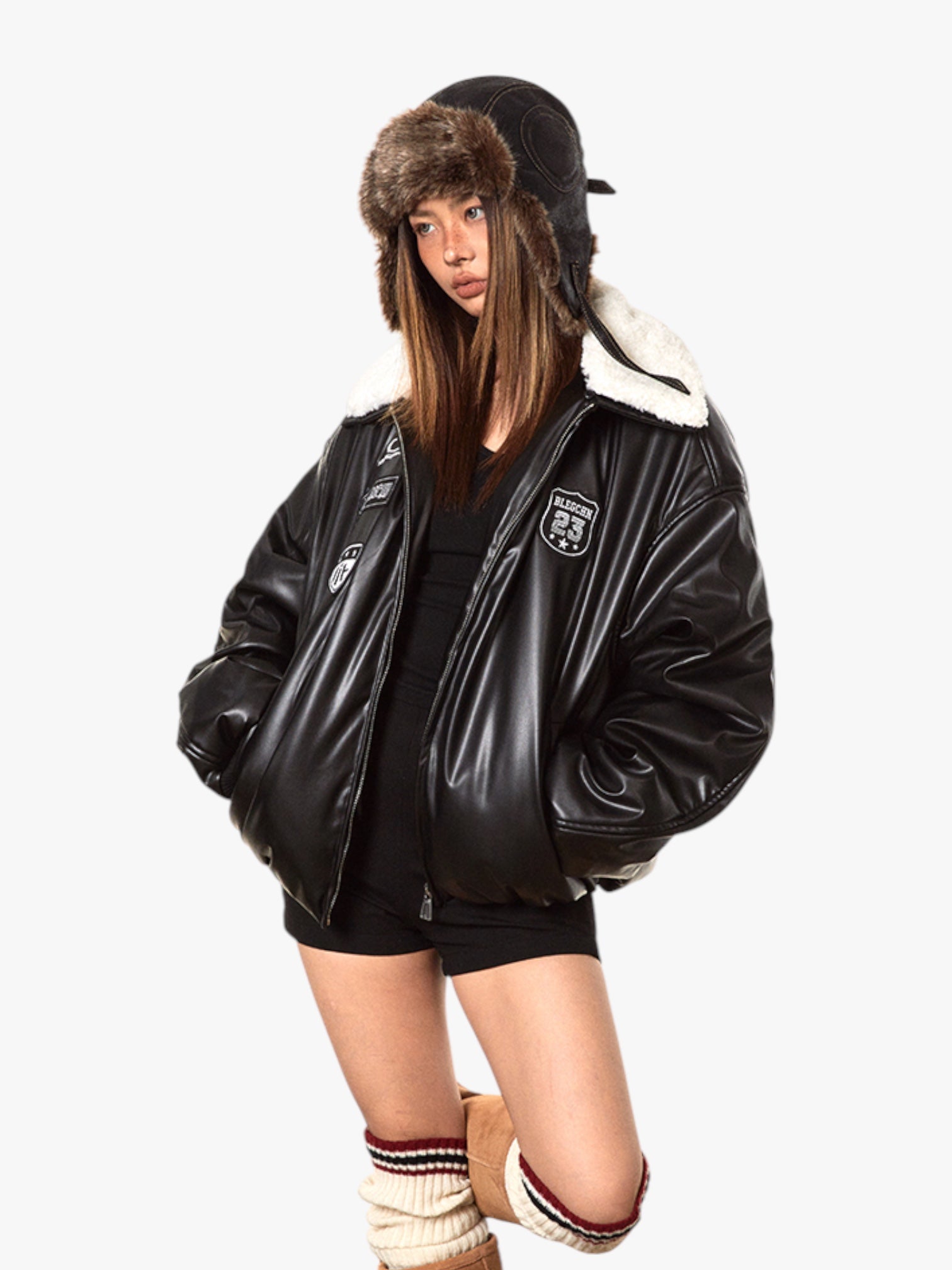 GKIKZ RETRO BASEBALL FUR COLLAR LEATHER JACKET