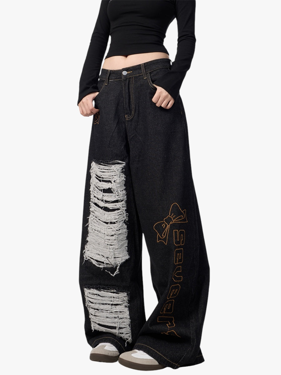 GKIKZ SEVEERS EMBROIDERED LOOSE WIDE-LEG JEANS