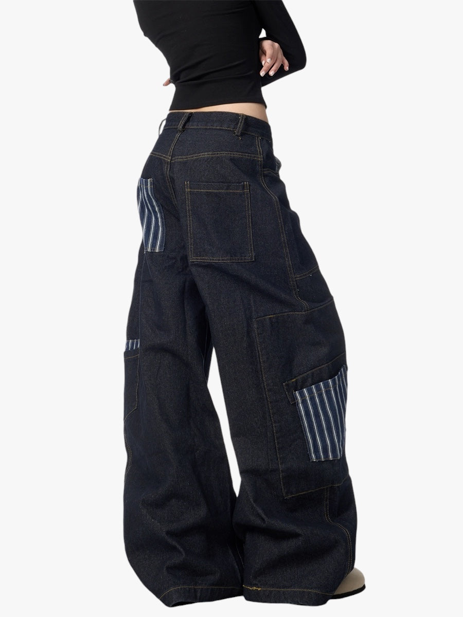GKIKZ BIG STRIPES POCKET SCIMITAR BAGGY JEANS