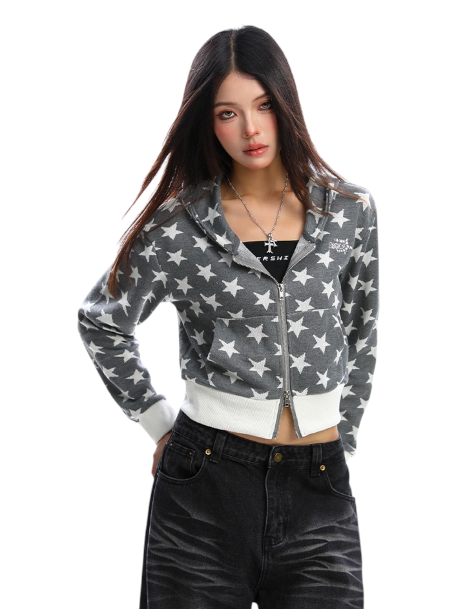Star Print Cropped Hoodie Zip-Up