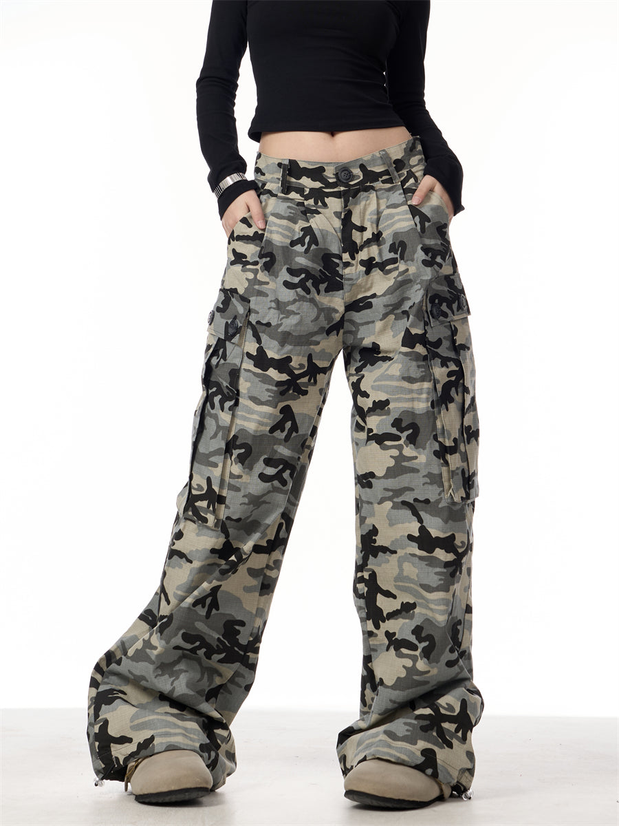 GKIKZ CAMOUFLAGE BIG POCKET LOOSE WIDE-LEG PANTS