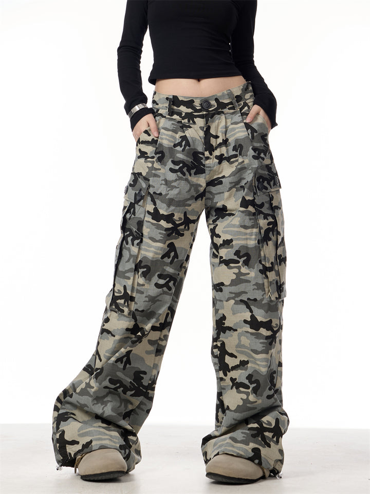 GKIKZ CAMOUFLAGE BIG POCKET LOOSE WIDE-LEG PANTS