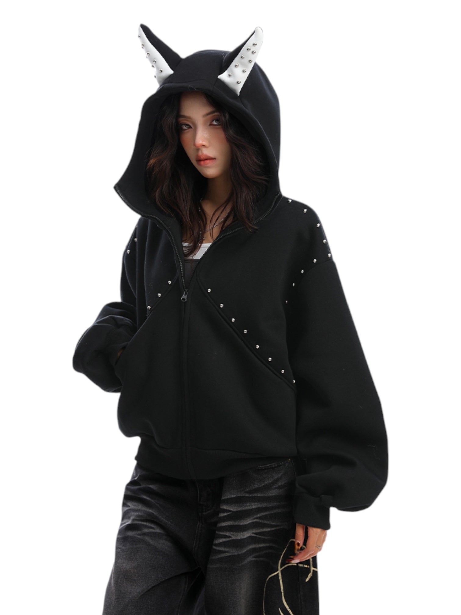 Studded Devil Horn Hoodie - Premium Cotton Zip-Up
