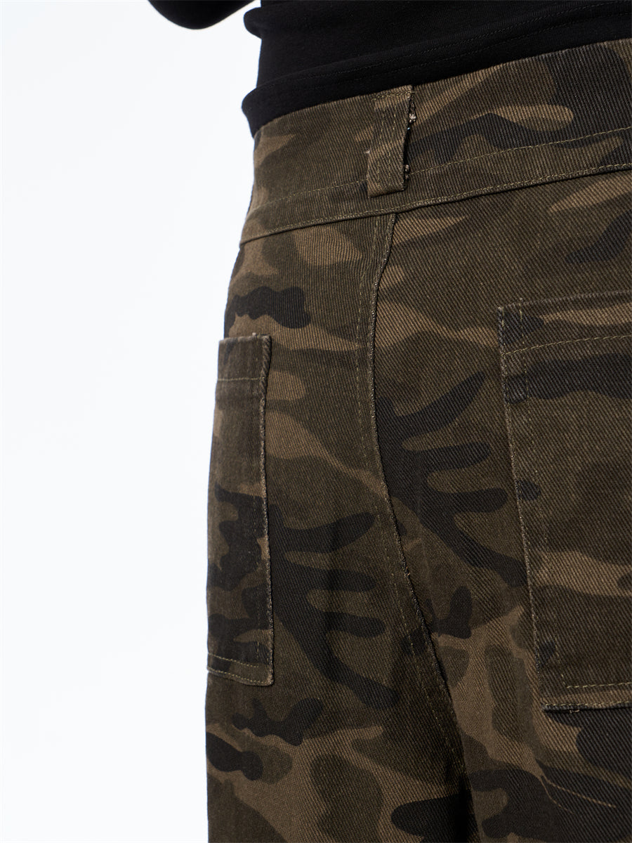 GKIKZ SLICE-POCKET CAMOUFLAGE WIDE-LEG HIGH WAIST PANTS