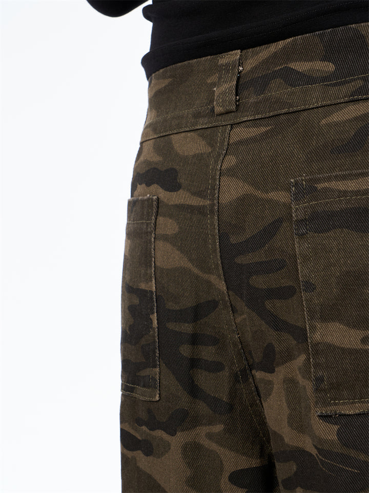 GKIKZ SLICE-POCKET CAMOUFLAGE WIDE-LEG HIGH WAIST PANTS