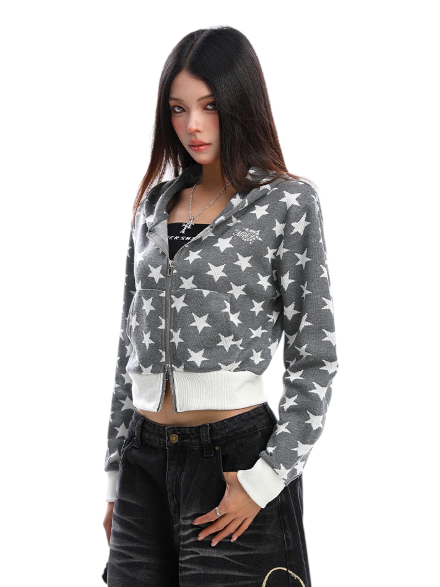 Star Print Cropped Hoodie Zip-Up