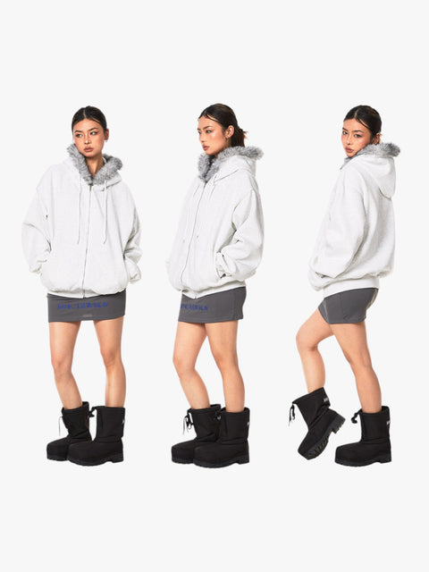 GKIKZ RETRO FUR COLLAR HOODED CARDIGAN