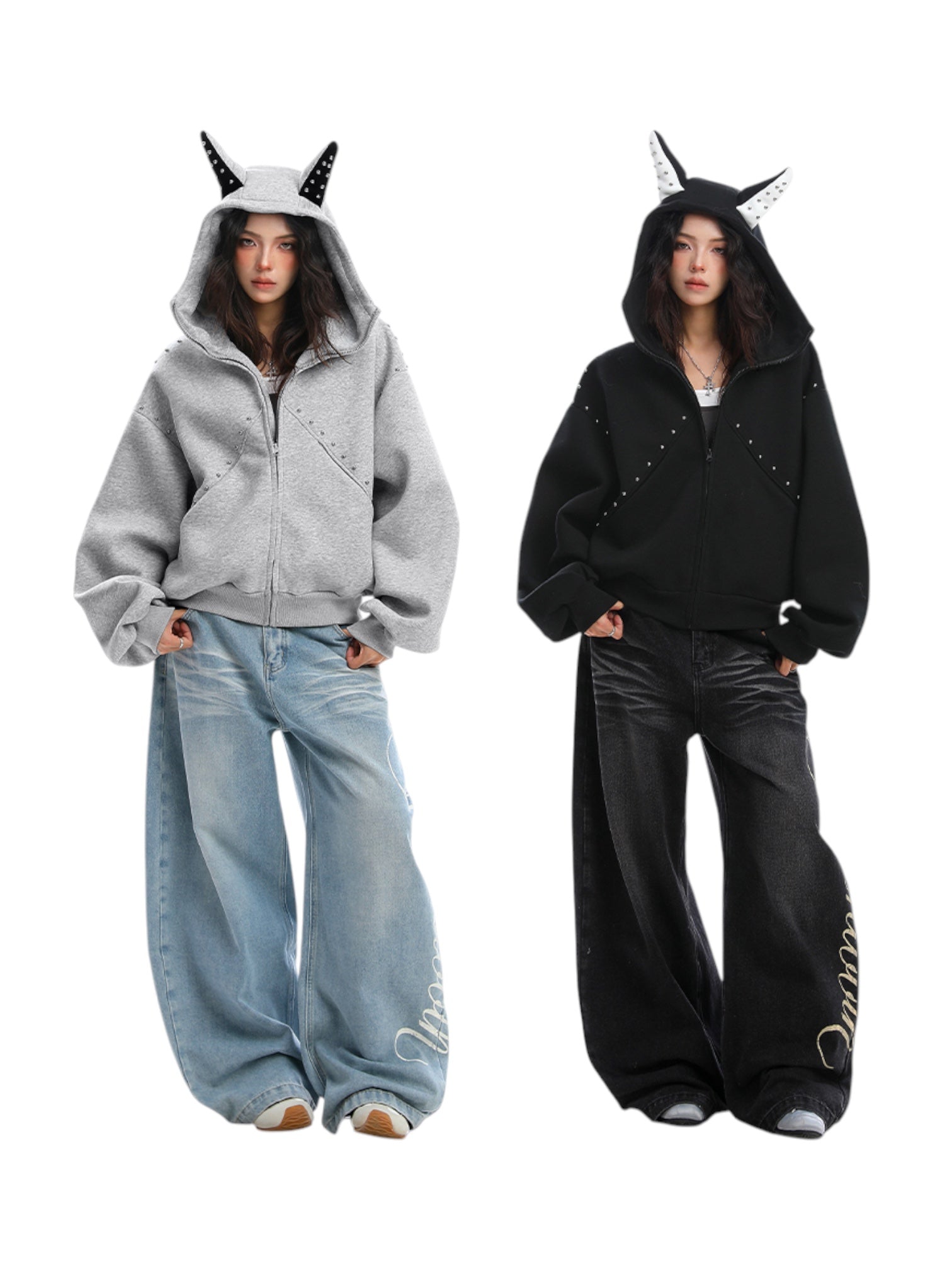 Studded Devil Horn Hoodie - Premium Cotton Zip-Up