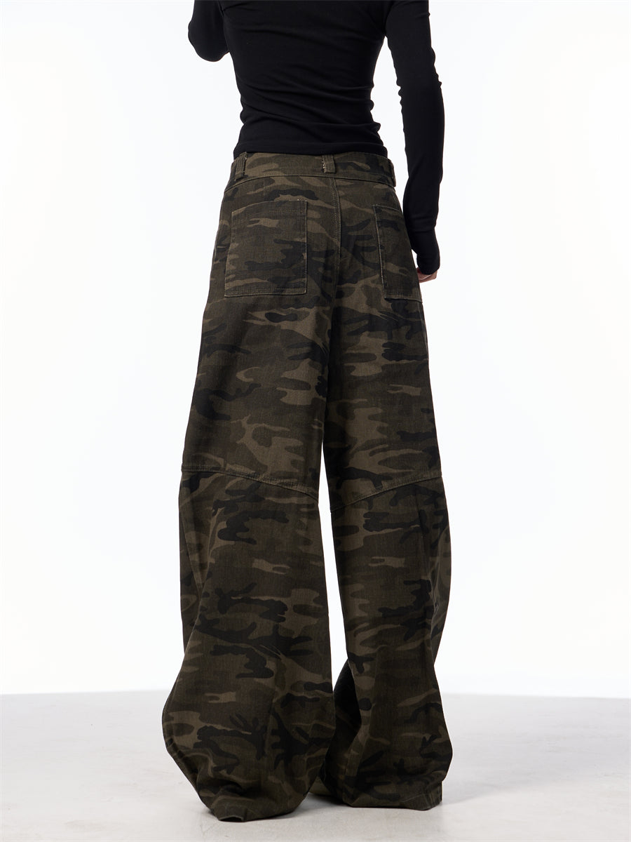 GKIKZ SLICE-POCKET CAMOUFLAGE WIDE-LEG HIGH WAIST PANTS