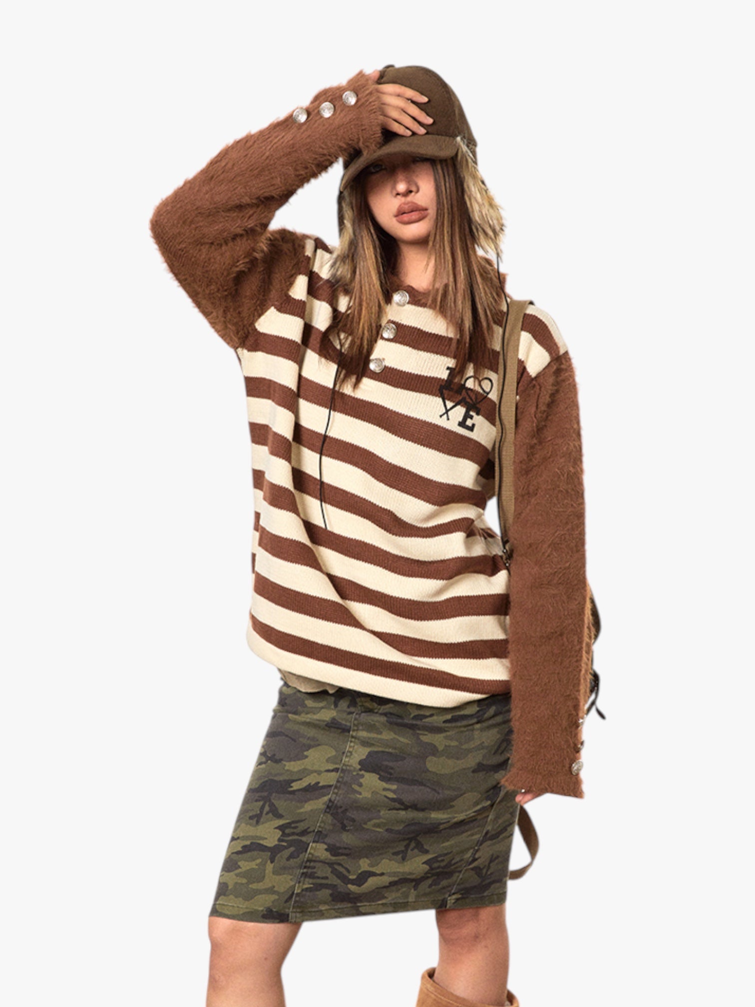 Retro Contrast Raglan Striped Polo Collar Sweater