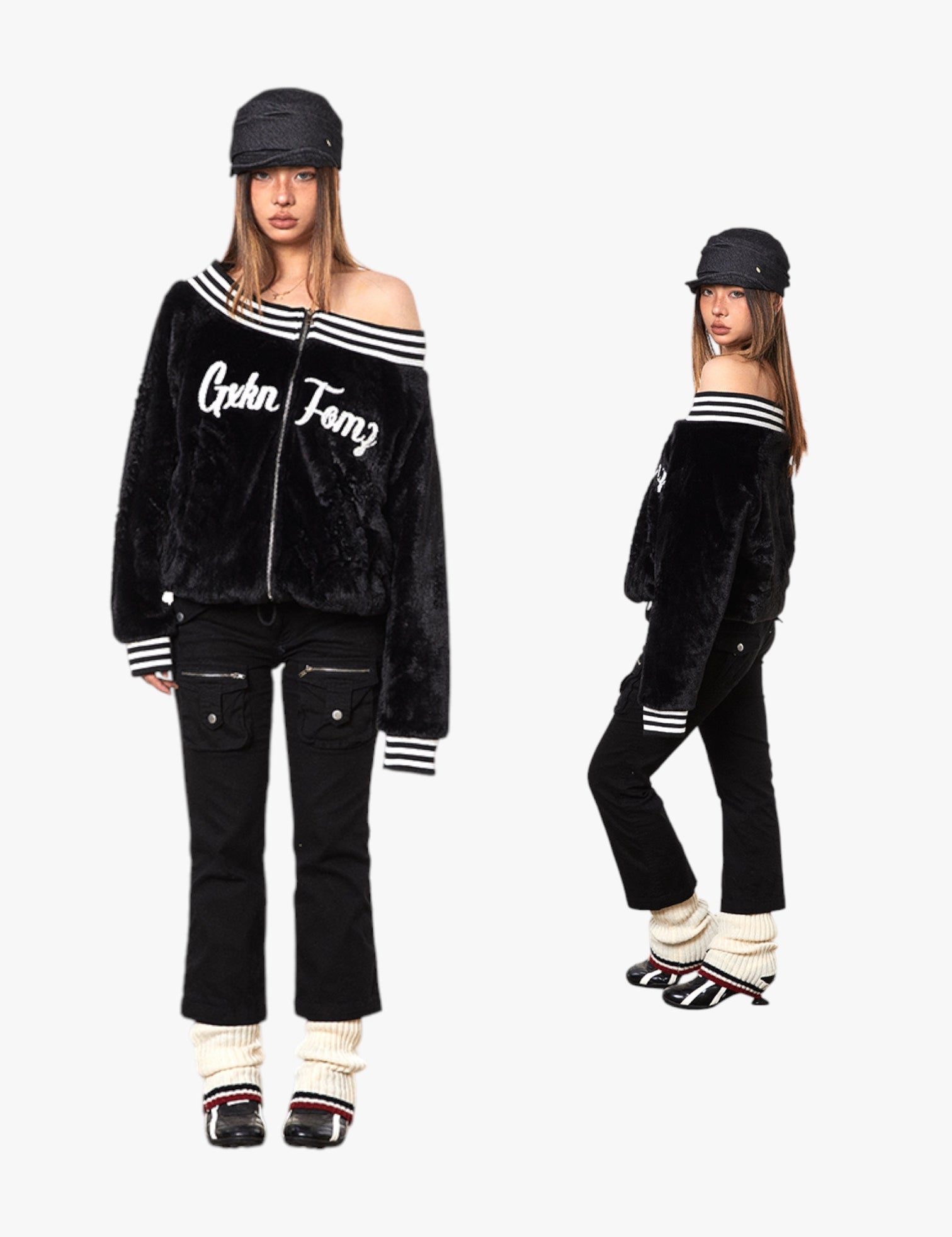 GKIKZ VELVET OFF-SHOULDER STRIPED COLLAR BOMBER JACKET