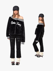 GKIKZ VELVET OFF-SHOULDER STRIPED COLLAR BOMBER JACKET