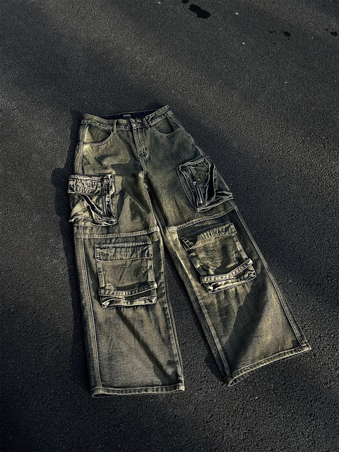 GKIKZ SATURATED DULL POCKETS DENIM BAGGY JEANS