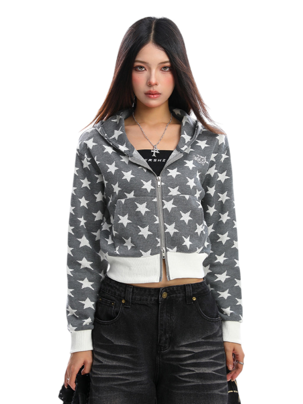 Star Print Cropped Hoodie Zip-Up