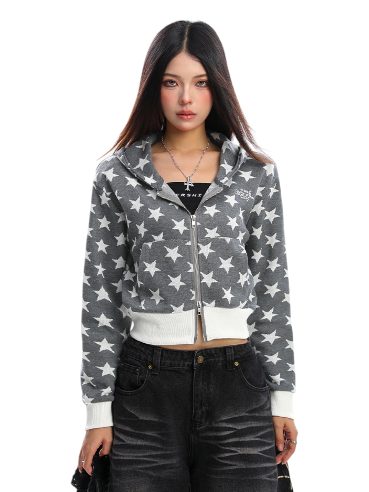 Star Print Cropped Hoodie Zip-Up