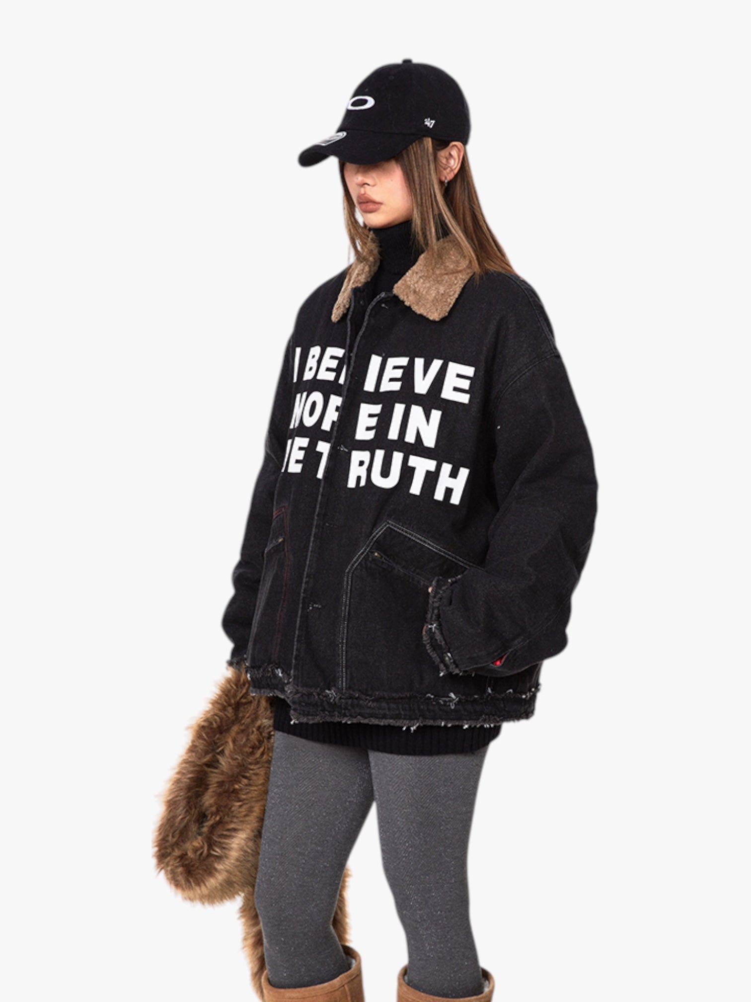 GKIKZ "I BELIEVE MORE IN THE TRUTH" SHERPA COLLAR HEAVY DENIM JACKET