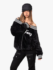 GKIKZ VELVET OFF-SHOULDER STRIPED COLLAR BOMBER JACKET