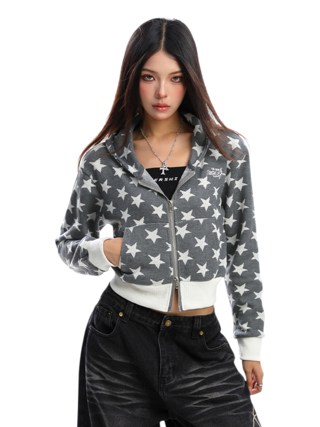 GKIKZ STAR PRINT CROPPED HOODIE ZIP-UP
