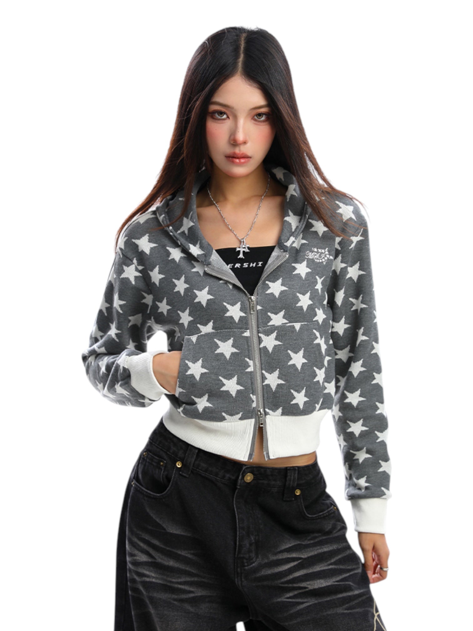 Star Print Cropped Hoodie Zip-Up