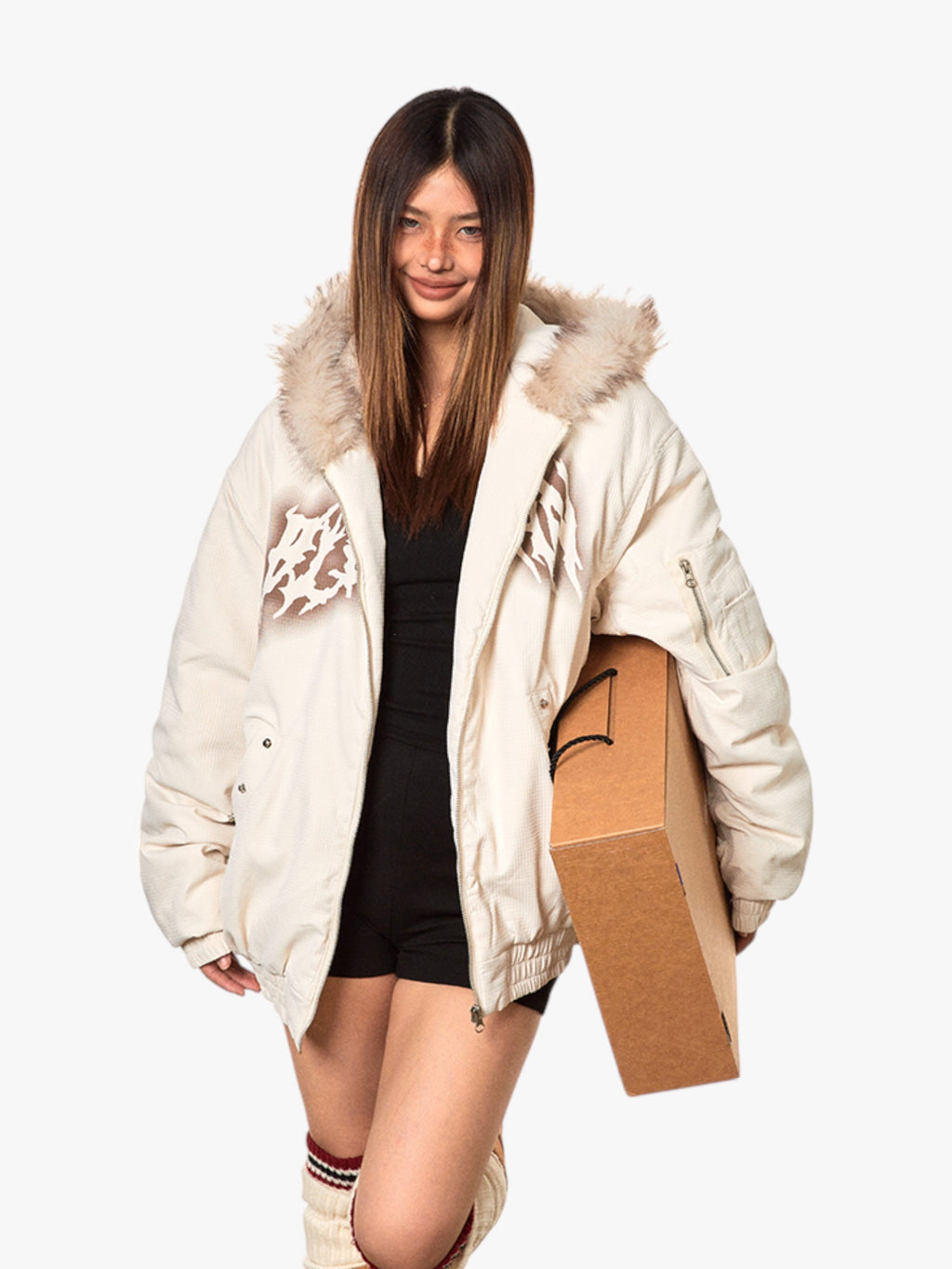 Mountain Carving Cotton-Padded Thickened Faux Fur Jacket