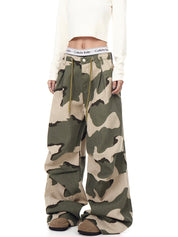 [25AW NEW ARRIVAL] GKIKZ URBAN DRAWSTRING PLEATED CAMO WAVE WIDE-LEG PANTS