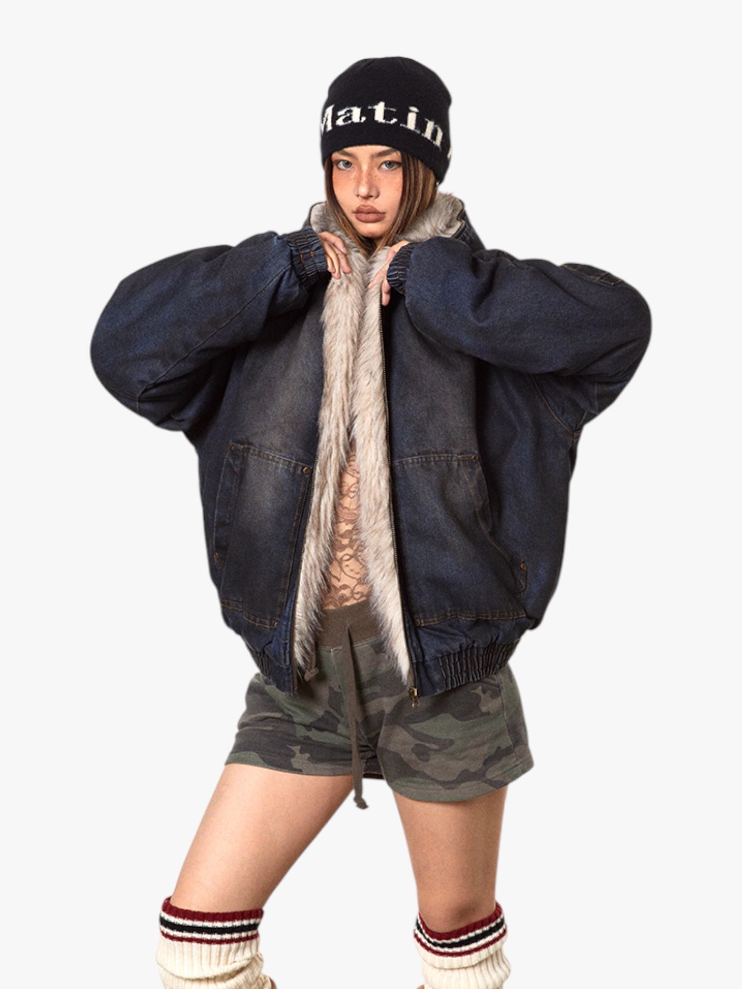 GKIKZ DIRTY DENIM HOODED FUR COLLAR JACKET