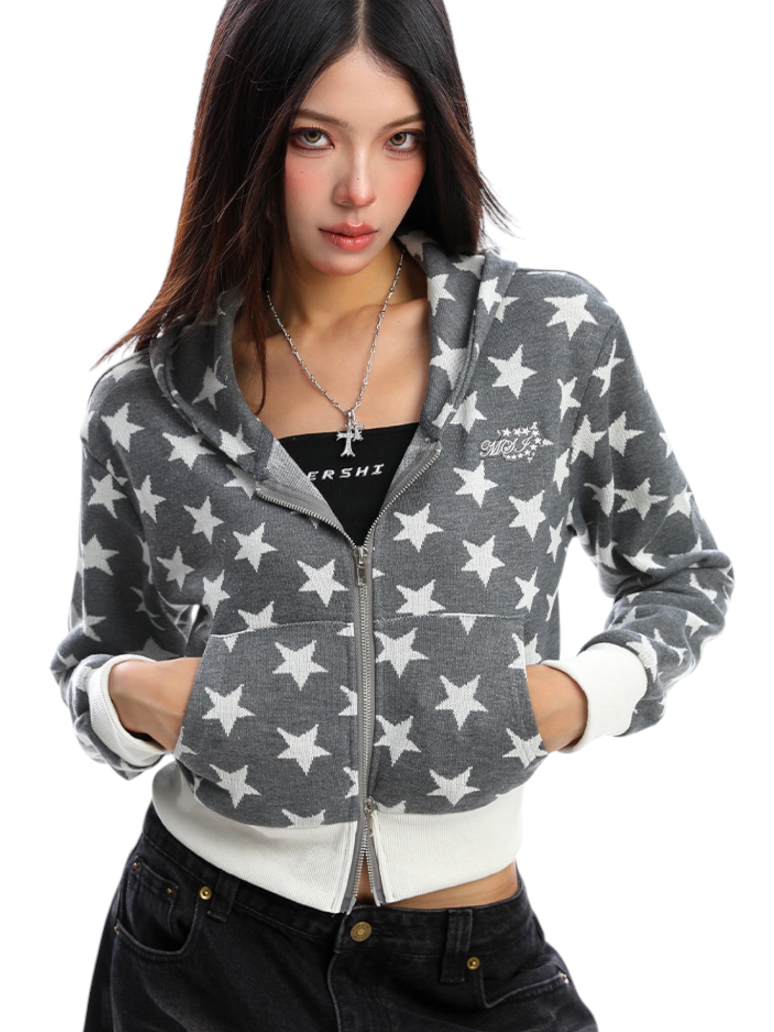 [25AW NEW ARRIVAL] GKIKZ STAR PRINT CROPPED HOODIE ZIP-UP