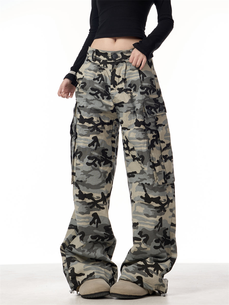 GKIKZ CAMOUFLAGE BIG POCKET LOOSE WIDE-LEG PANTS