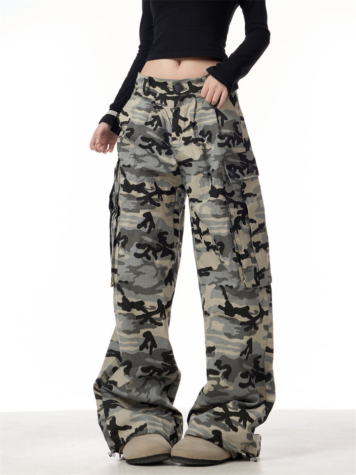 GKIKZ CAMOUFLAGE BIG POCKET LOOSE WIDE-LEG PANTS