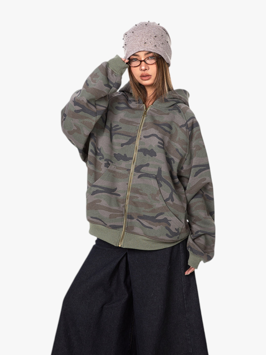 GKIKZ RETRO CAMOUFLAGE LOOSE ZIPPER CARDIGAN