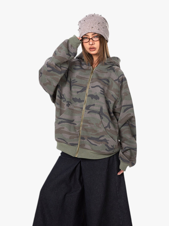 GKIKZ RETRO CAMOUFLAGE LOOSE ZIPPER CARDIGAN