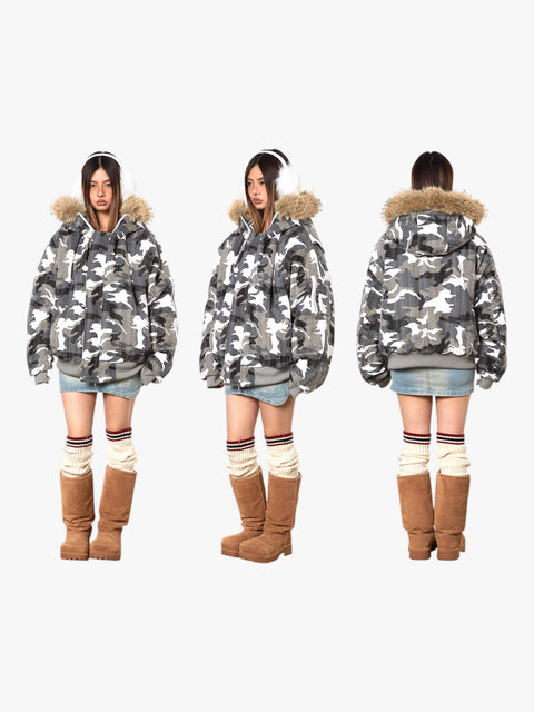 GKIKZ LUXURIOUS WHITE CAMOUFLAGE PRINT FAUX FUR HOODED JACKET