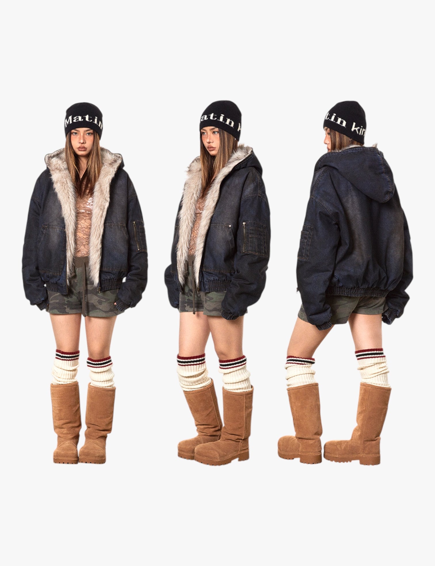 GKIKZ DIRTY DENIM HOODED FUR COLLAR JACKET